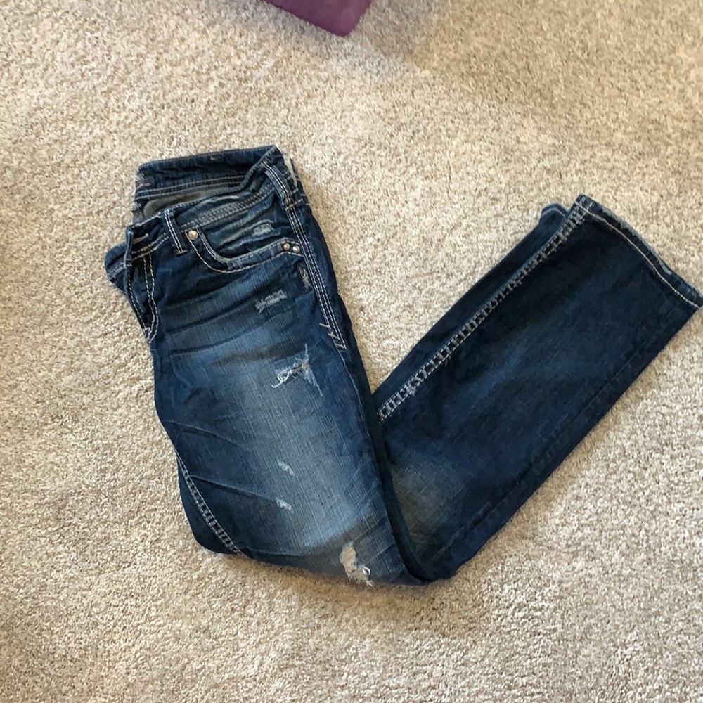 Silver Aiko boot cut distressed jeans. 30W/31L